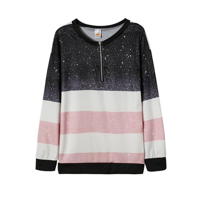 

Женская осенняя полосатая печать свободная молния круглый вырез флис для отдыха XL чёрный