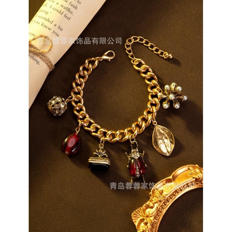 Cross Border Hot Retro Palace Style Insect Leaf Hanging Pendant Bracelet Zircon Pearl Exaggerated