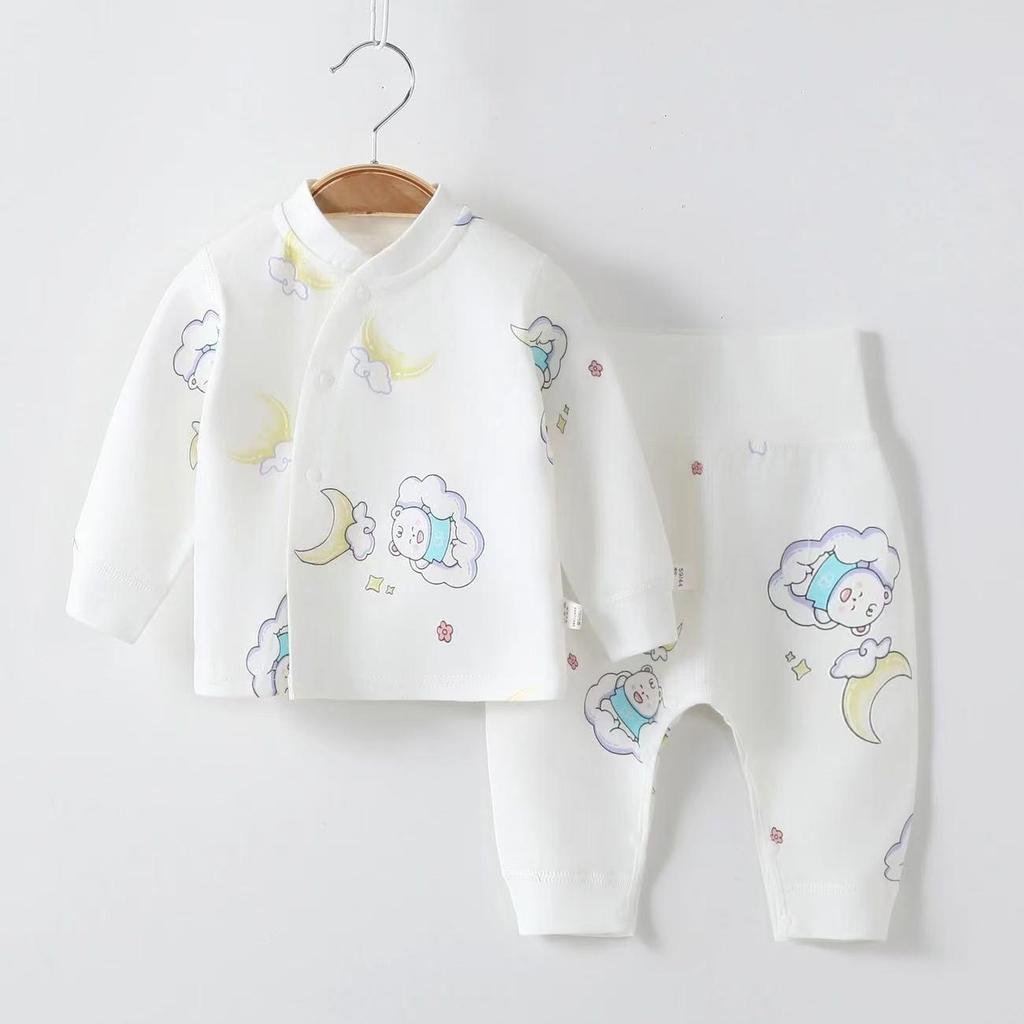Spring & Autumn Pure Cotton Baby Underwear Set - High Waist Belly Protection Top & Trousers, Tagless for Newborns