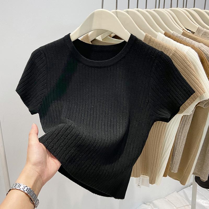 Dames Ronde Hals Brede Streep Korte Mouw Gebreide Top Lente/Herfst Seizoen Slank Makend Korte Blouse