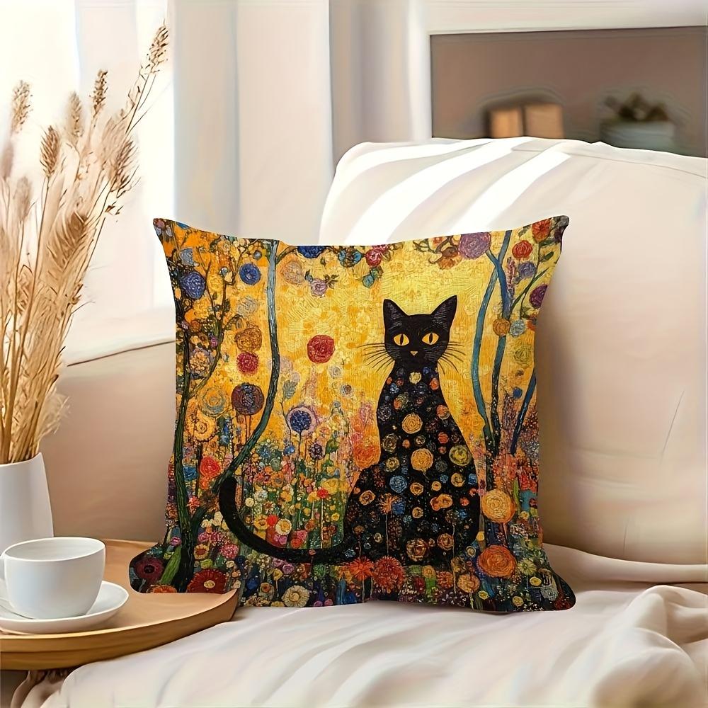 Gustav Klimt Style Black Cat Pillow Cover Floral Art Print Boho Vintage Cushion Case For Sofa Bed Couch Artistic Home Decor