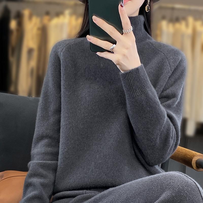 

Женский осенне-зимний утолщенный пуловер с высоким воротником-гольф, спущенным плечом и длинным рукавом - Вязаный базовый топ 2XL