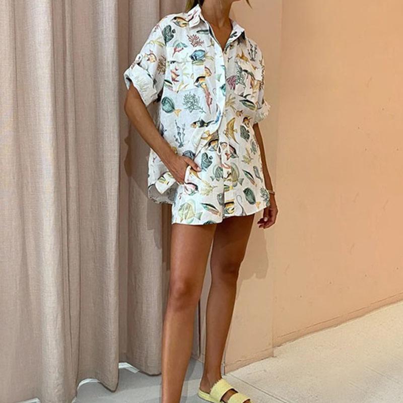 2026 Spring Women's Fashion: European & American Printed Short-Sleeve Shirt and Tie-Up Pants Set
