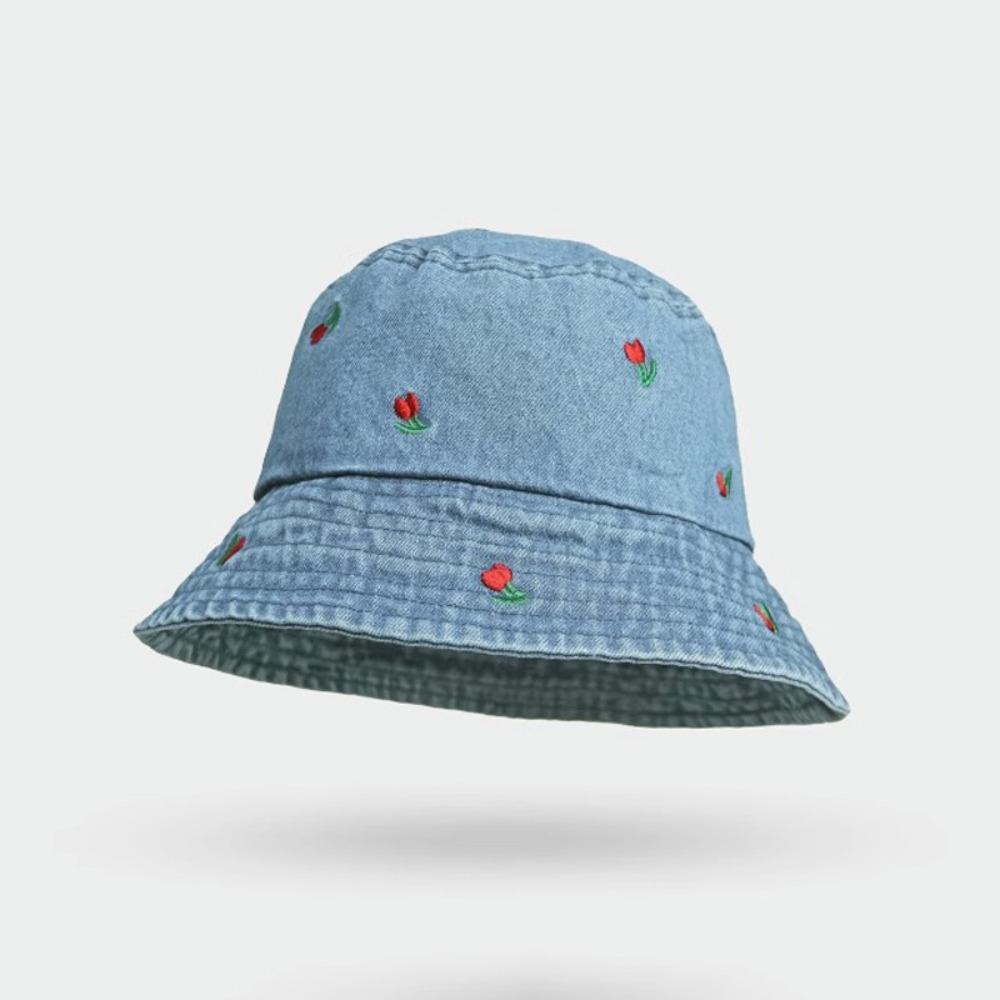 Foldable Women's Bucket Hat Rose Embroidered Beach Sun Hat Breathable Denim Fisherman Hat Summer