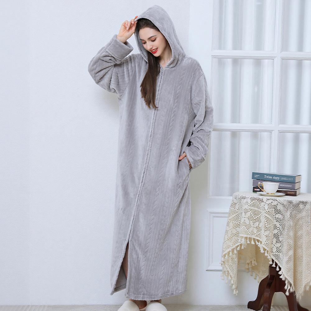 Winter Flannel Hooded Nightgown: Thick Coral Fleece, Long Sleeve, Plus Size, Ready Stock