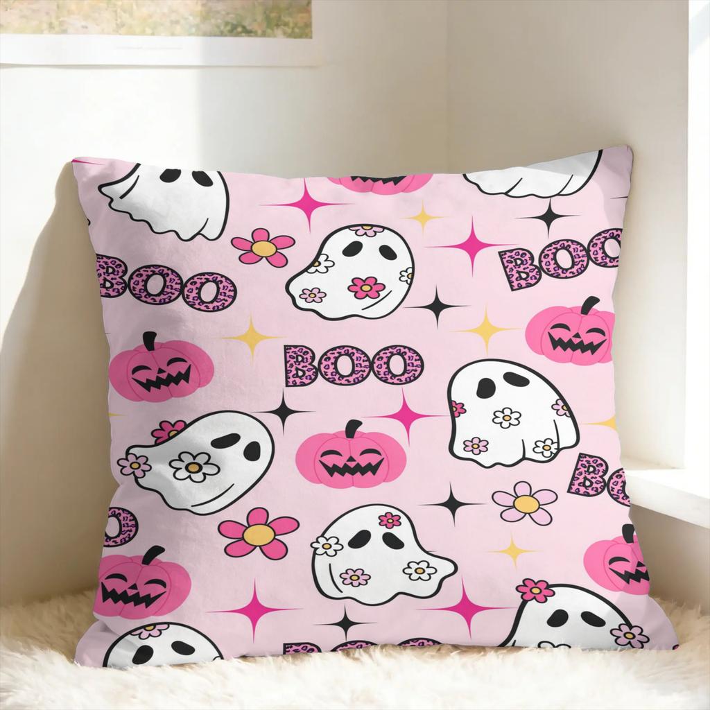 Pink Coquette Ghost Halloween Pillowcases Retro Trendy Pillow Case For Sofa Car Home Decor Comfy Pillow Cover
