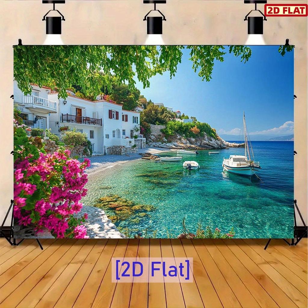 2D Plane 1 Piece of Background Fabric for a Greek Mediterranean Coastal Village Scene for an Aegean Theme Party Decoration