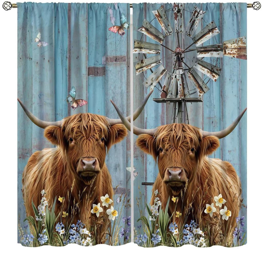 Farmhouse Cow Curtain Funny Animal Butterfly Sunflower Cow Curtains for Western Barn Door Printed Rod Pocket Window Treatments