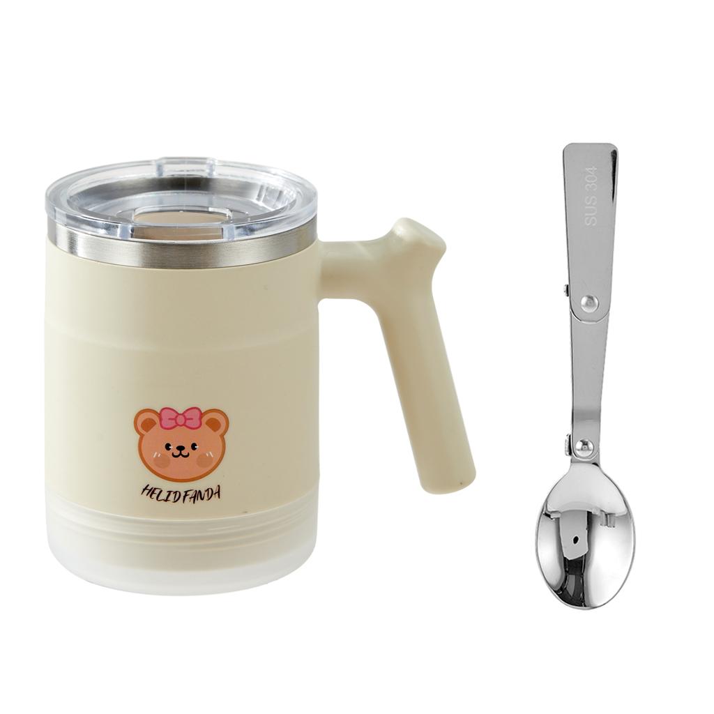 304 Stainless Steel Milk Coffee Mug With Folding Spoon Cute Double Wall Water Cup Portable Durable Sealed Drinking Cup
