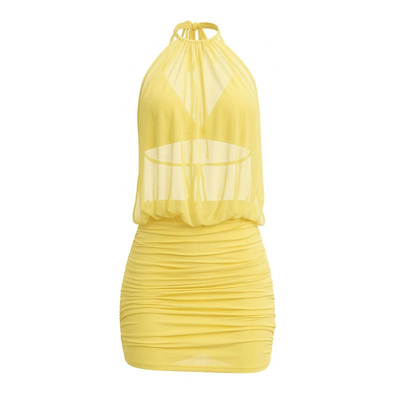 Cross-border popular sexy mesh neck dress for women's summer backless slim and thin pleated hip-wrapped short skirt