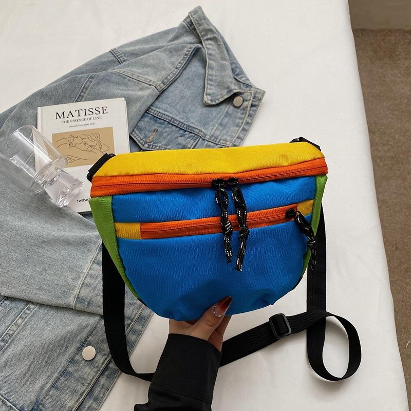 Summer Contrasting Color Saddle Bag Women'S Bag Foreign Style Canvas Shoulder Messenger Bag Niche Design Versatile Breast Bag