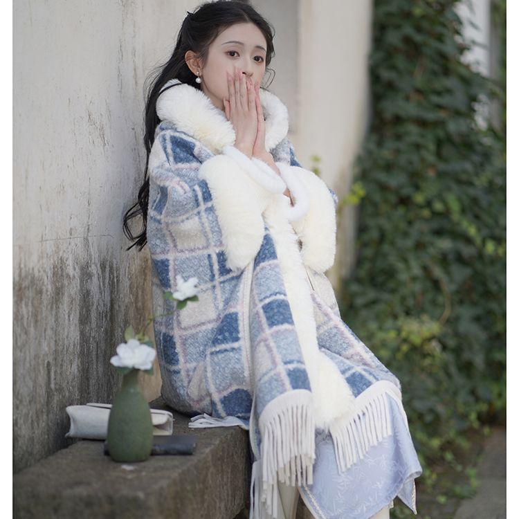 Long Cape Shawl with Cheongsam Outerwear Fleece-lined Thickened Jacket Tassel Top