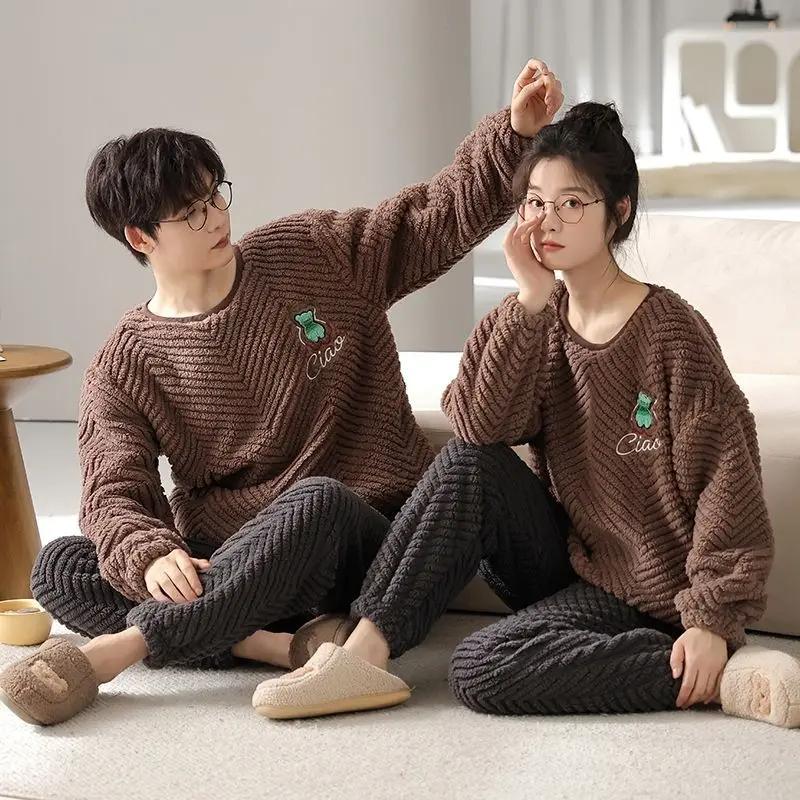 New Coral Velvet Couple Pajamas Women Thickened Autumn Winter Sleepwear Plus Velvet Flannel Men Round Collar Homewear Suit