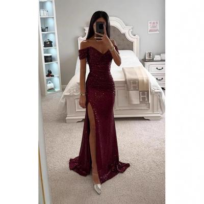 Women's Polyester Sequin Slit Party Gown - New Style Sparkle Dress