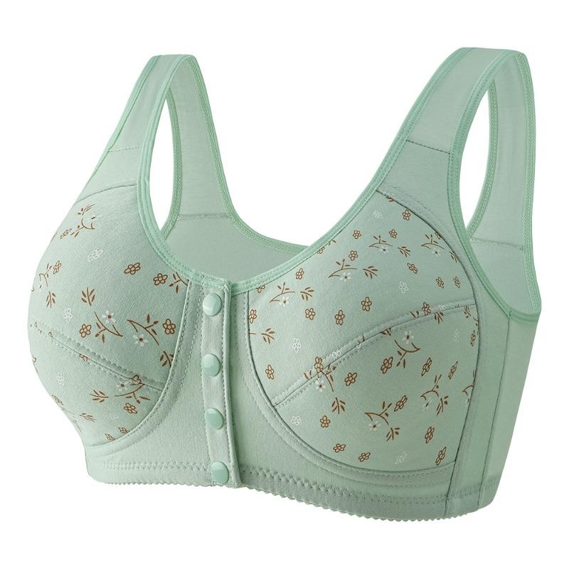 Plus Size Floral Print Cotton Bra with Front Closure and Wide Comfort Straps