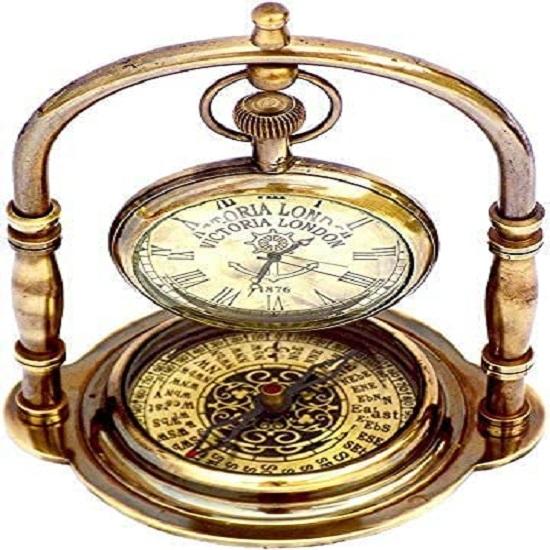 Brass Vintage Victoria London 1876 Table Clock and Compass Shelf Clock Victoria Stand Watch