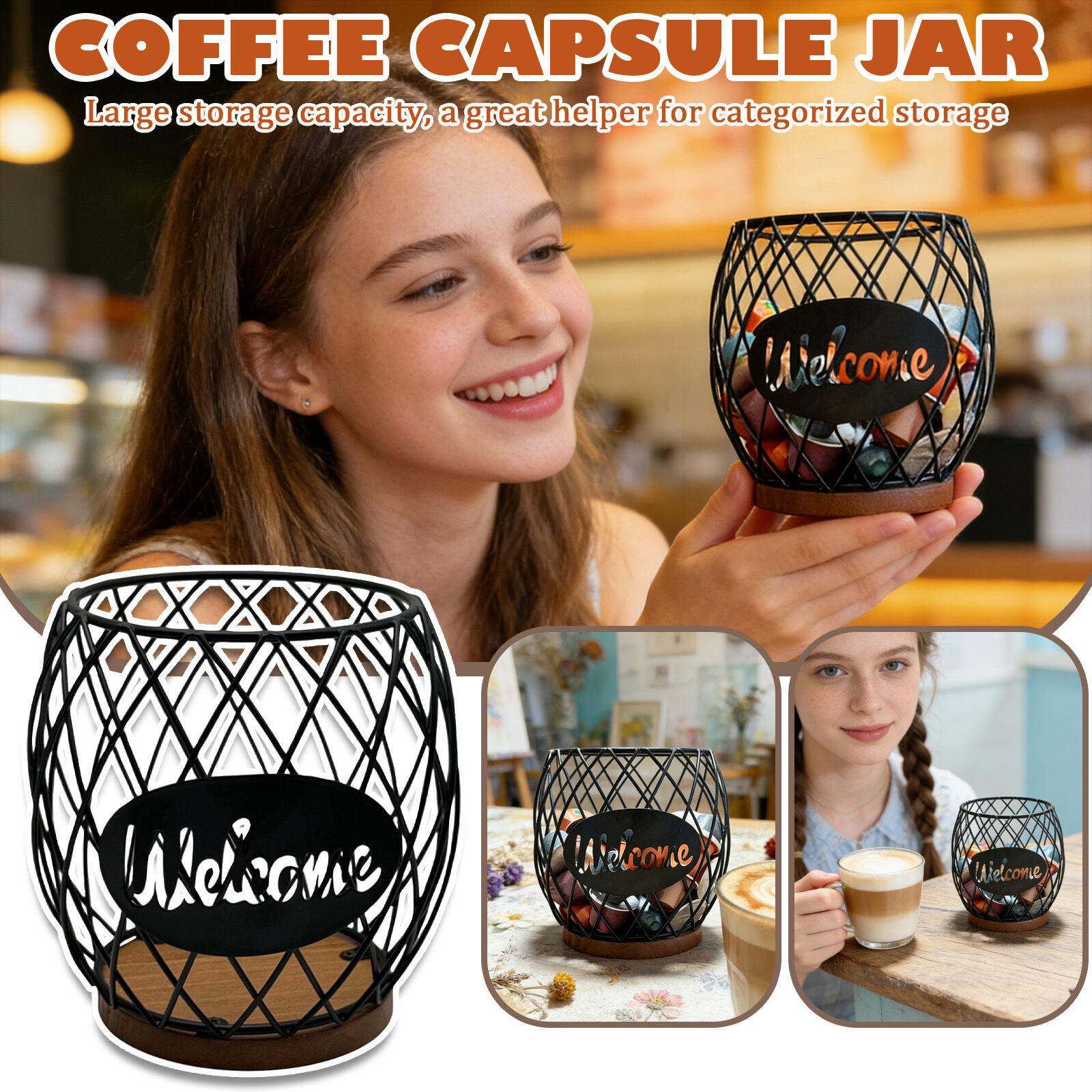 

Wrought Iron Mesh Coffee Capsule Storage Jar, Decorative Desktop Storage Jar, Storage Basket With Wooden Base, Suitable For Capsule Coffe One Size