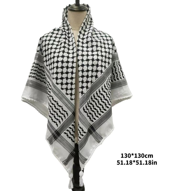 Arab Shemagh Scarf for Men Breathable Polyester Desert Neckwrap Tassels Neckerchief Hijab Shawl for Casual and Formal Ev