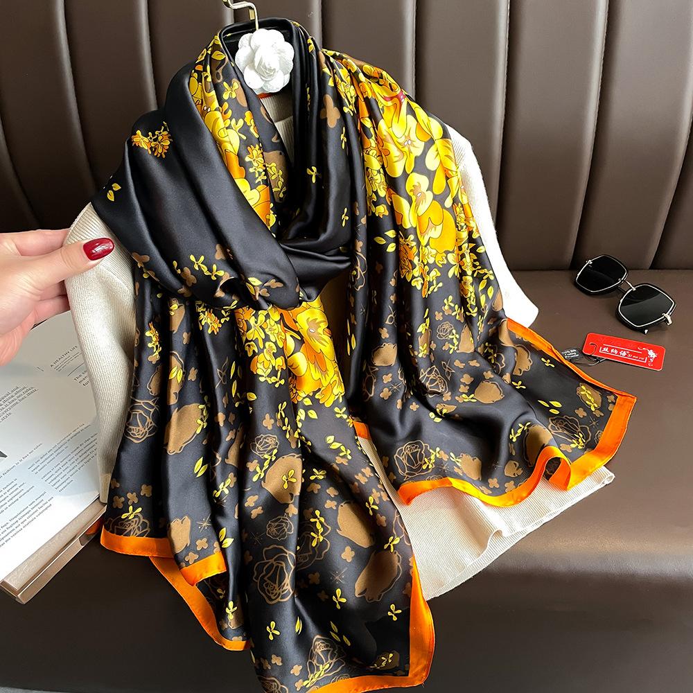 New silk scarf new silk satin printed shawl holiday fashion sunscreen long section simulation silk scarf