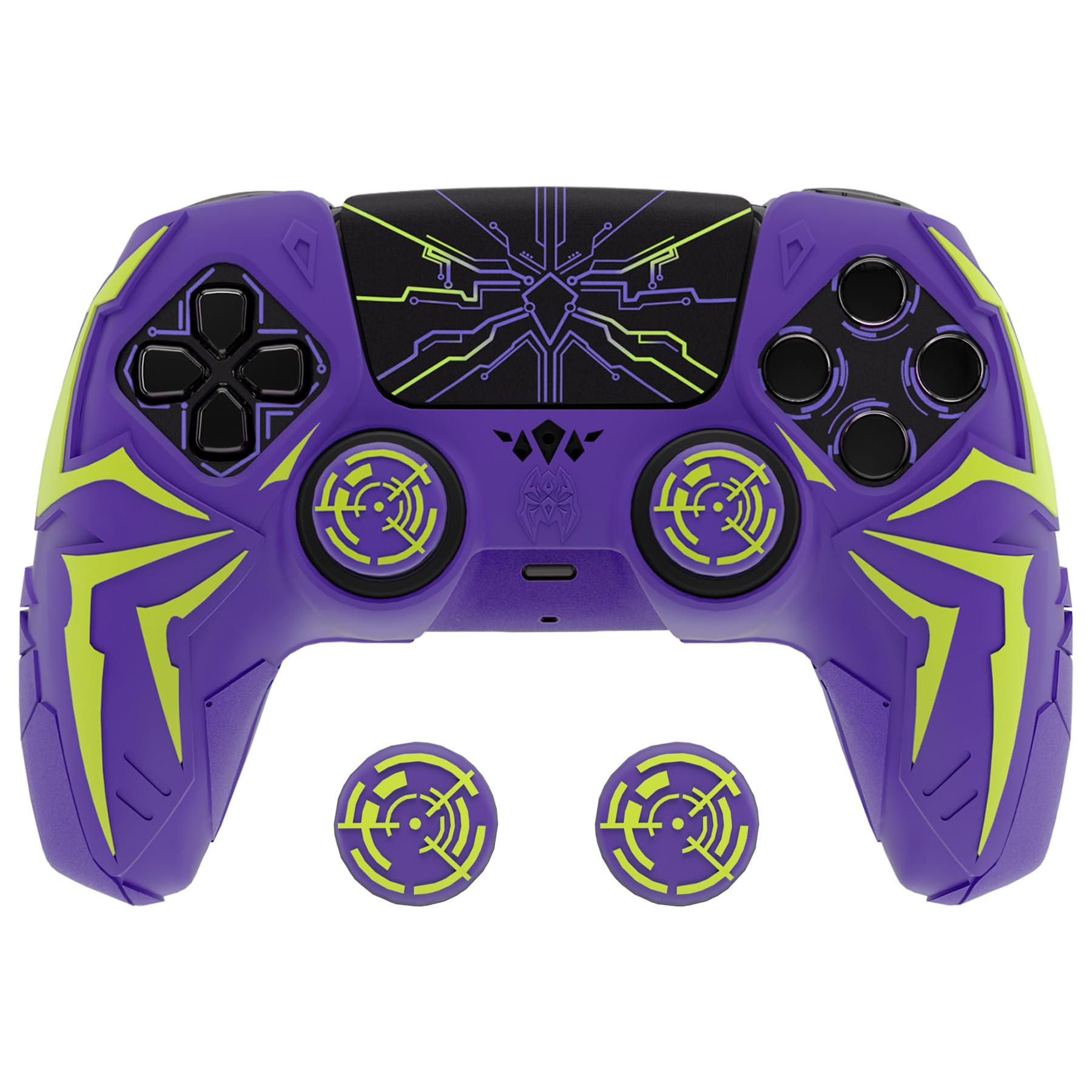 

PlayVital Силіконовий захисний чохол для PS5 Cyber Spider Включає 2 ковпачки для великих пальців та 6 сумісних із зарядною док-станцією Пурпурно-зелений контролер,