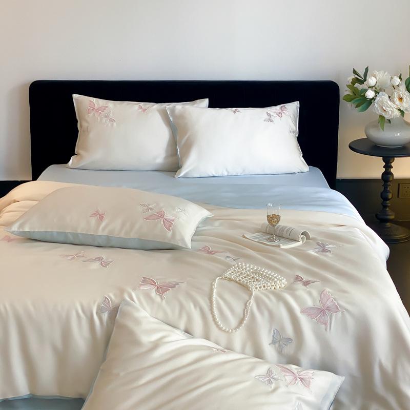 Silky Smooth 60s Lyocell Tencel Embroidered Bedding Set - Machine Washable Duvet Cover and Bed Sheet