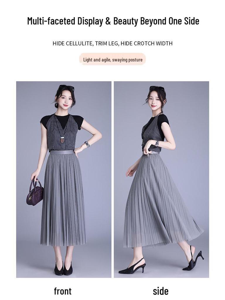 Solid Color High-Waisted Mesh Midi Skirt with Elastic Waist and Lurex Drape