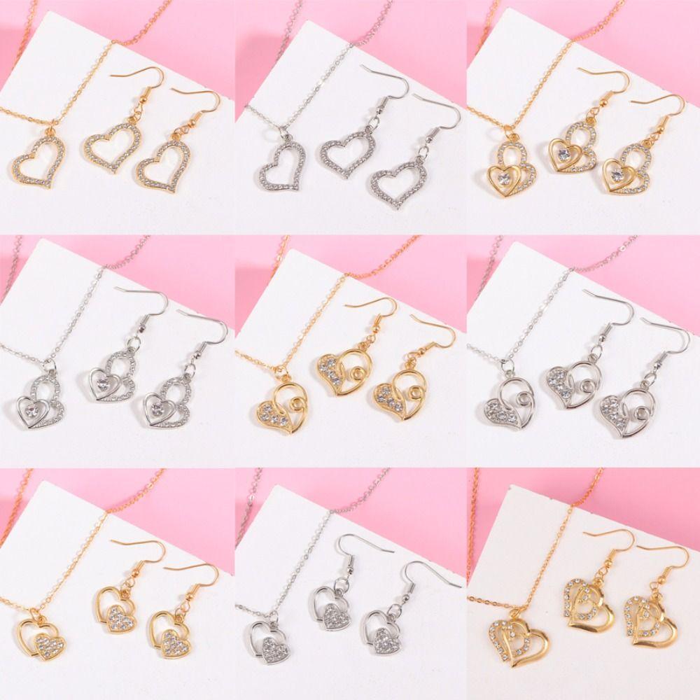 Gold Color Love Charm Earrings Exquisite Silver Color Double Heart Necklace 3Pcs Set Light Luxury Bridal Accessory Set