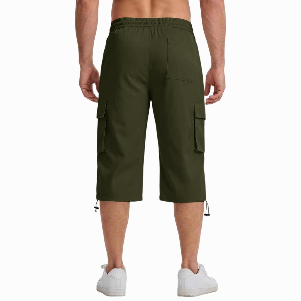 Men’s Casual 3/4 Length Cargo Shorts Elastic Waist Relaxed Fit Lightweight Multi Pocket Knee Length Pants