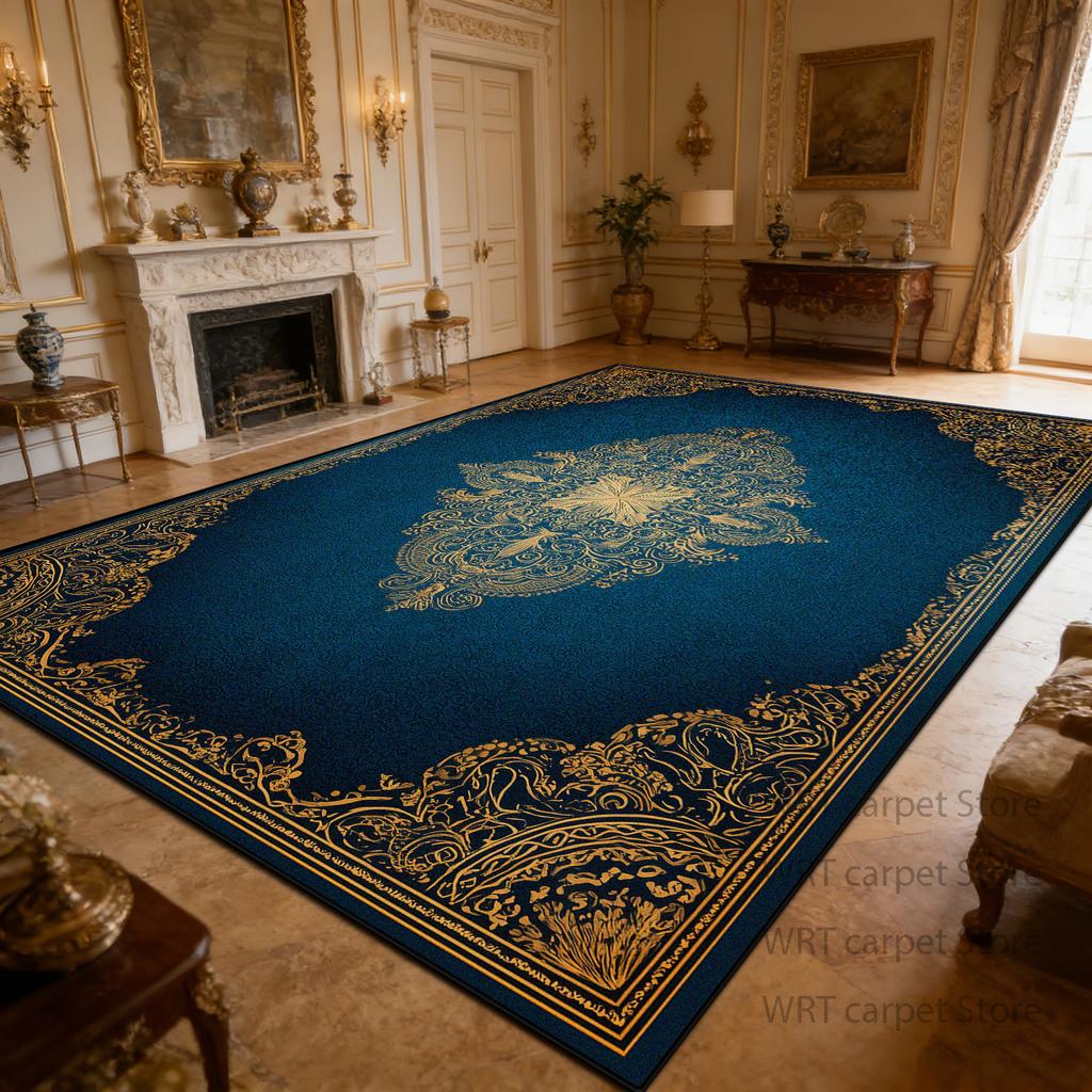 Luxury Retro Blue Golden Carpet Living Room Short Velvet European Style Washable Soft Large Area Rugs Dining Room Bedroom Mats