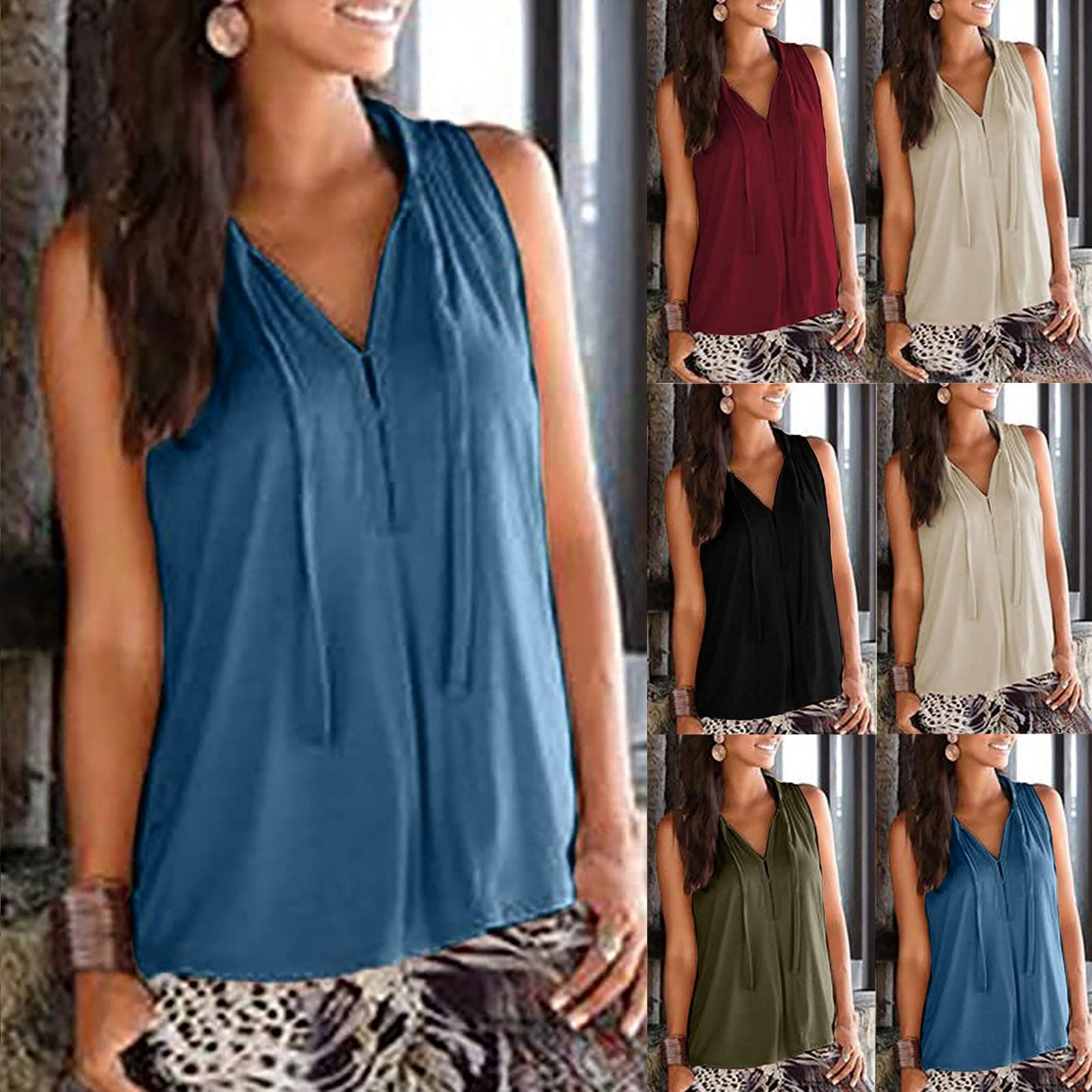 

Женская мода, однотонная футболка без рукавов, майки с v-образным вырезом