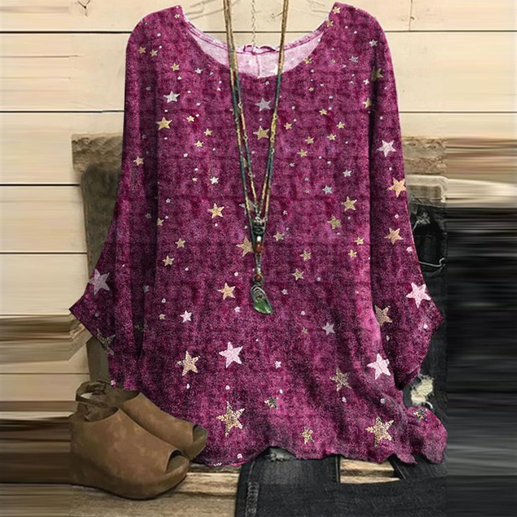 Módní dámské tričko s kulatým výstřihem s potiskem ležérní volné vintage pulovry