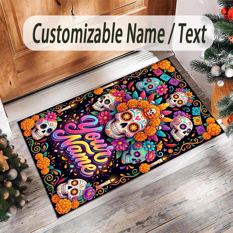 Day of the Dead Theme Crystal Velvet Rug Personalized Custom Name Text Soft Floor Mat Home Decor