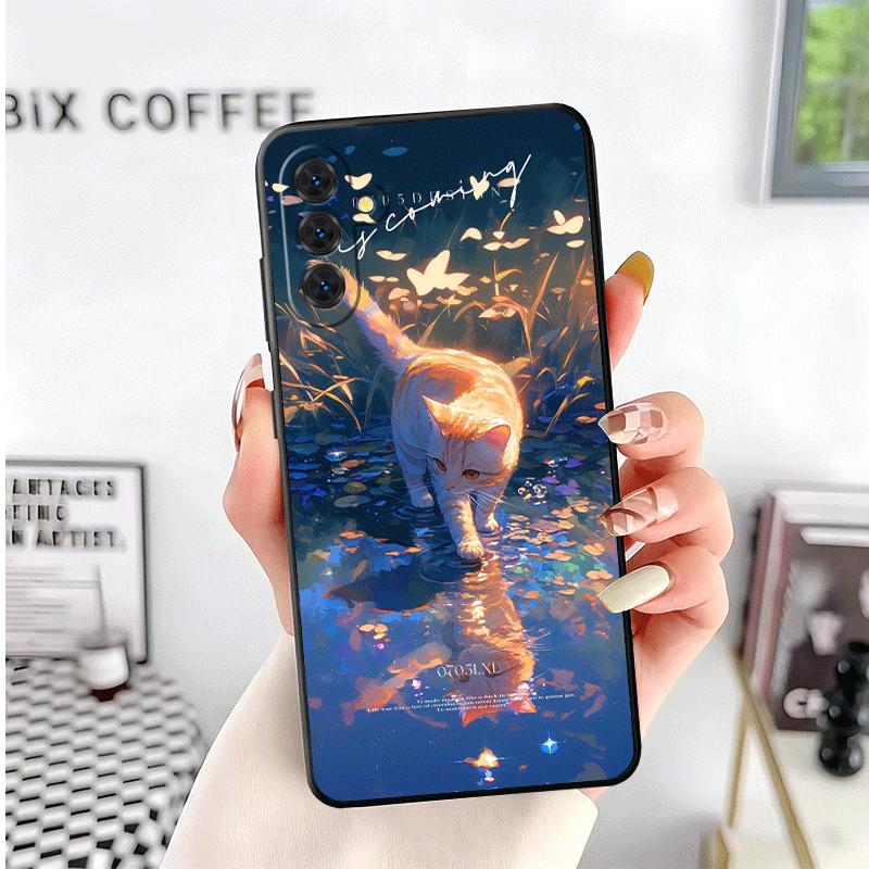 Night Moon Cat Dreamy Art Soft Phone Case for Samsung A17 A37 A57 A16 A26 A36 A56 A15 A25 A35 A55 A14 A24 A34 A54 A13 A23 A33 A5