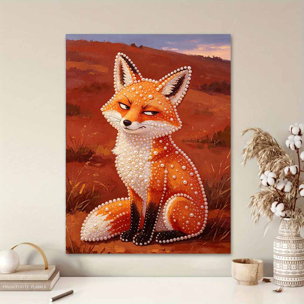 Cute Fox Pattern 5D Pearl Painting Kit with Frame DIY Sparkling Bead Canvas Art Relaxing Craft for Bedroom Decor Wall Art Gift Item