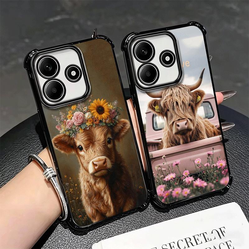 Cute Highland Cow Plating Phone Case For Xiaomi Redmi Note 14 15 Pro Plus 13 12 11 11S 11T 10 9S 9 5G Anti-Fall Airabag Cover