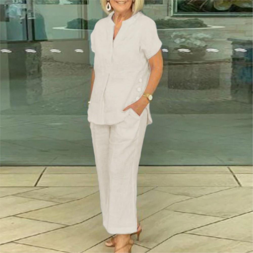 Fashion Cotton Linen Short Sleeved Women Shirt Pants Suit Spring Summer Simple Casual Pocket Pants Female Office 2 Piece Set