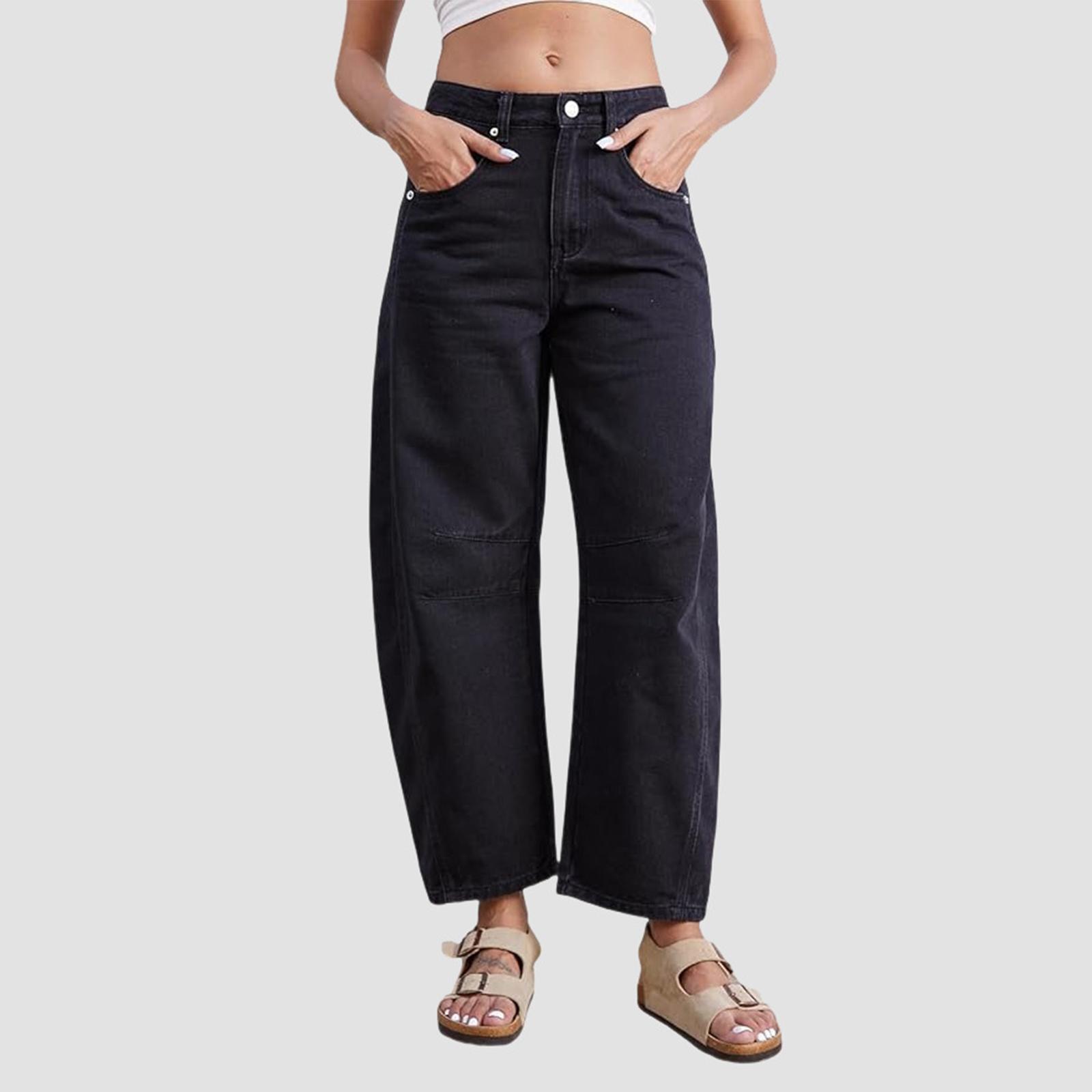 

Женские потертые женские джинсы с высокой талией Модные универсальные прямые брюки L чёрный