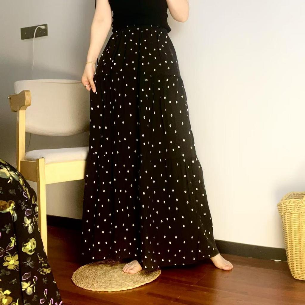 Women's Floral Print Cotton-Silk Elastic Waist Skirt - Southeast Asian Style for Spring and Summer