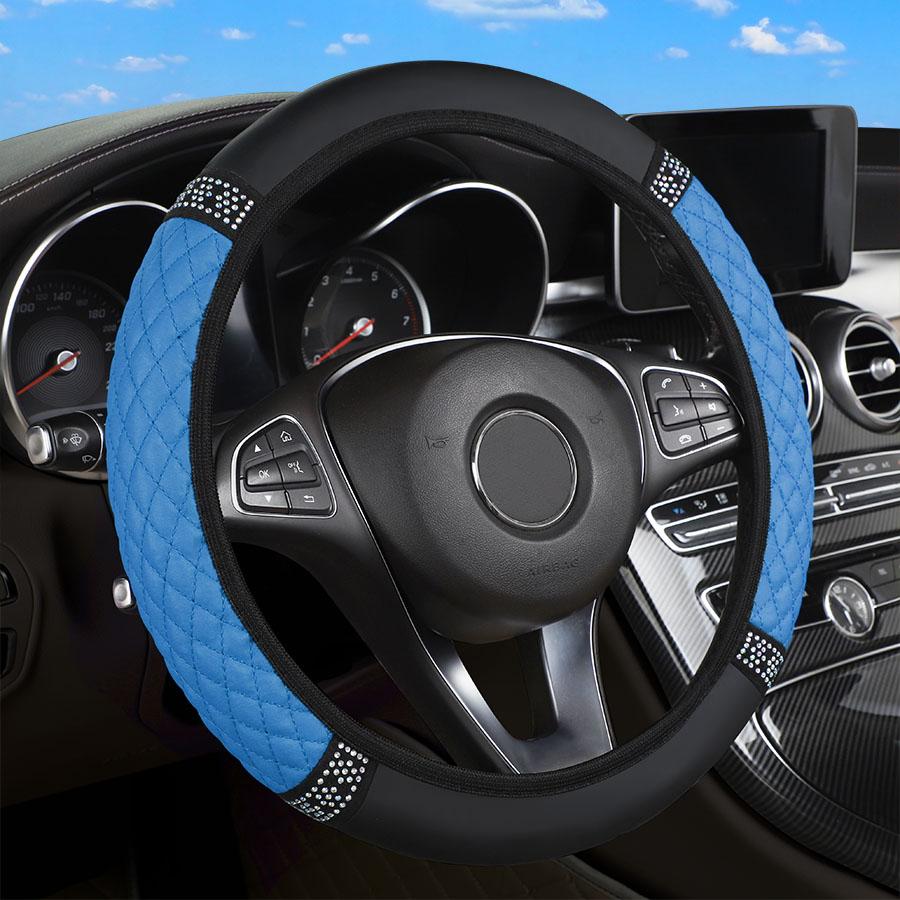 Universal Car Steering Wheel Cover 37-38cm Leather Embroidered Color Diamond-Studded Elastic Four Seasons Steering Wheel Cover