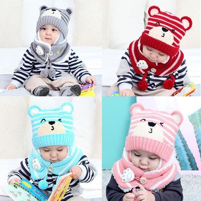 Süßes Jungen Mädchen Strickwaren Halstuch Bären Ohrenschützer Baby Mütze Kinder Hut Schal Set