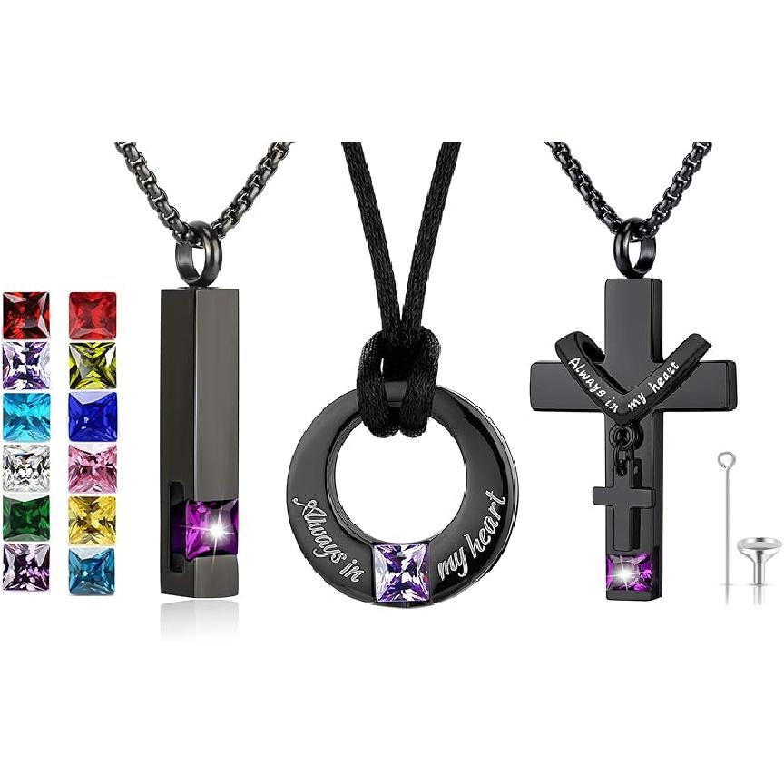 YOUFENG 3 Pieces Cremation Urn Necklaces for Ashes Keepsake Cremation Jewelry Cross Round Bar Birthstone Crystal Stainless Steel Memorial Pendant for
