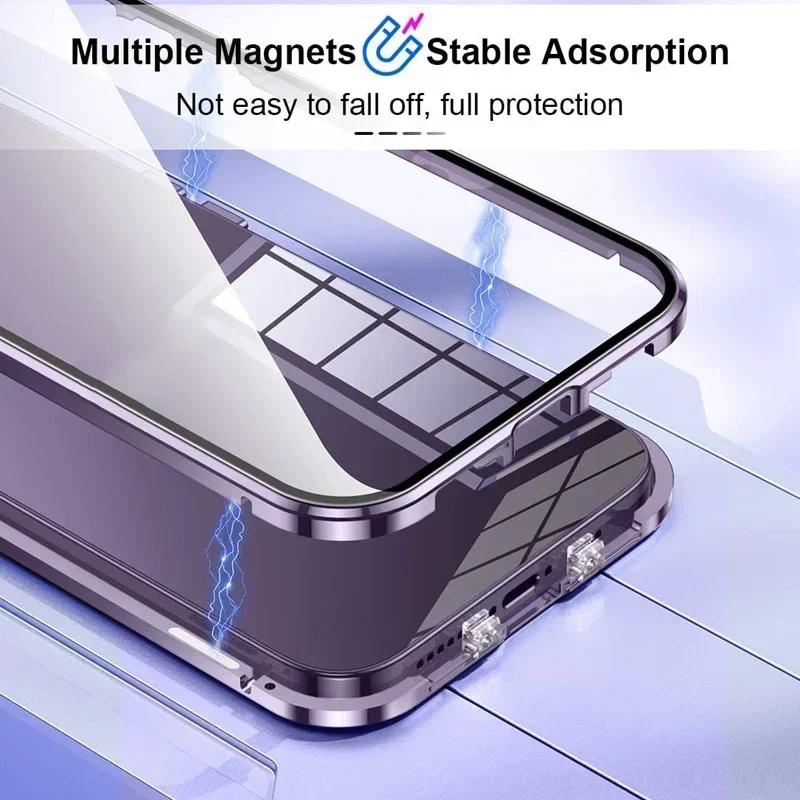 360° magnetické adsorpční kovové pouzdro pro iPhone 16 15 14 Plus 13 12 11 Pro Max Ochrana objektivu fotoaparátu Oboustranný skleněný kryt telefonu