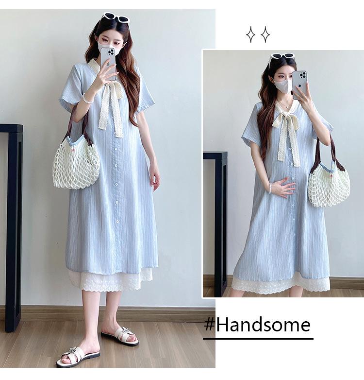 Striped Lace Patchwork Bow Maternity Dress