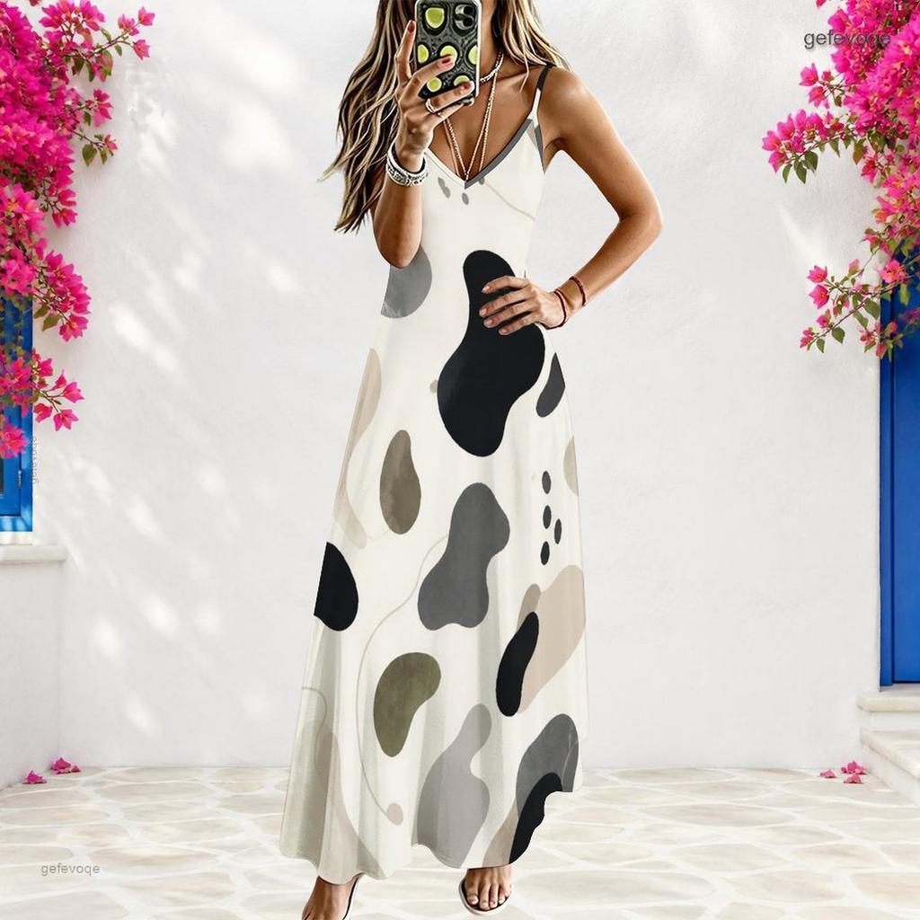 Women Plus Size White V Neck Strappy Sleeveless Printed A Line Long Dress