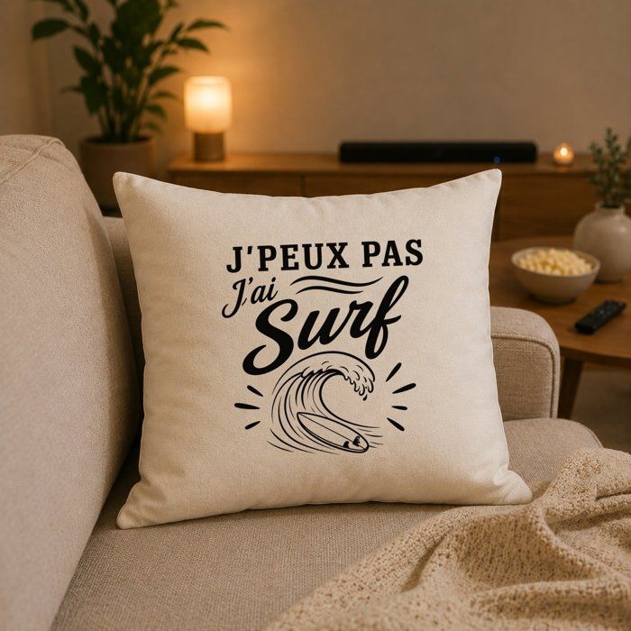 Housse de Coussin J’peux pas j’ai Surf J'peux pas minimaliste | Coton Canvas Fairtrade 305 g/m² Zip Invisible Taille 40×40 cm