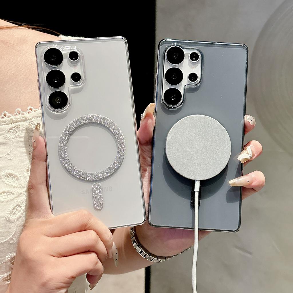 Ice Fog Transparent Flash Powder Magnetic Absorption Suitable for Samsung S25ULTRA S24PLUS Ultra Thin  Non Yellow Mobile Phone Case Sheath