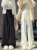 Women's White Mink Knit High-Waisted Fleece-Lined Wide-Leg Pants, 2024 Autumn/Winter Casual Floor-Length.