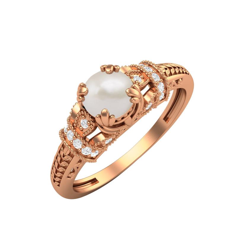 

5MM Round Pearl Gemstone 925 Sterling Silver Rose Plated Solitaire Blossom Design Women Wedding Ring 9.5 Яскраво-рожевий