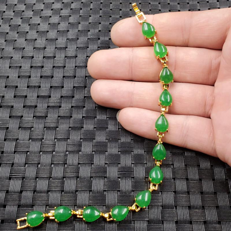 Bright Green Quartzite Jade Water Drop Bracelet Gold 17cm
