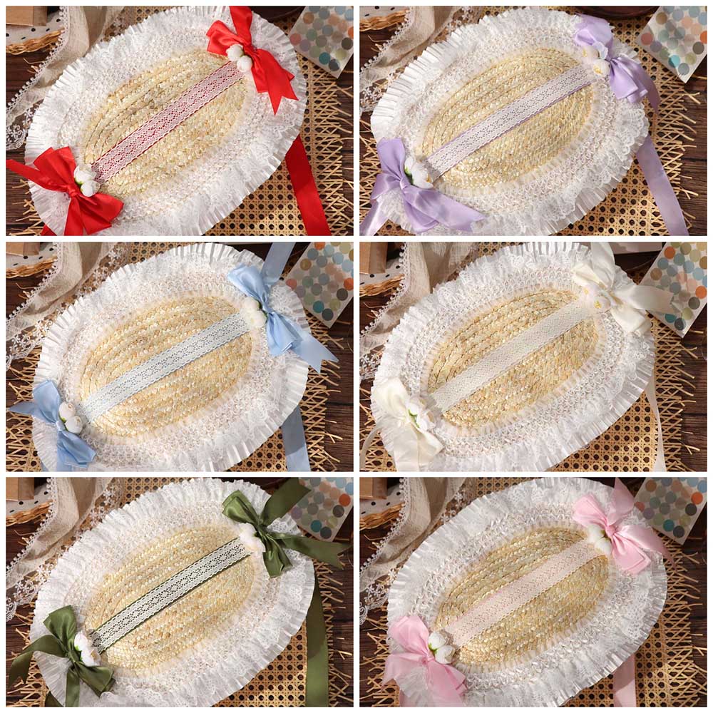 Lace Lolita Bonnet Flat Top Bow Ribbon Flower Cap Sweet Lolita Straw Hat Beach Vacation